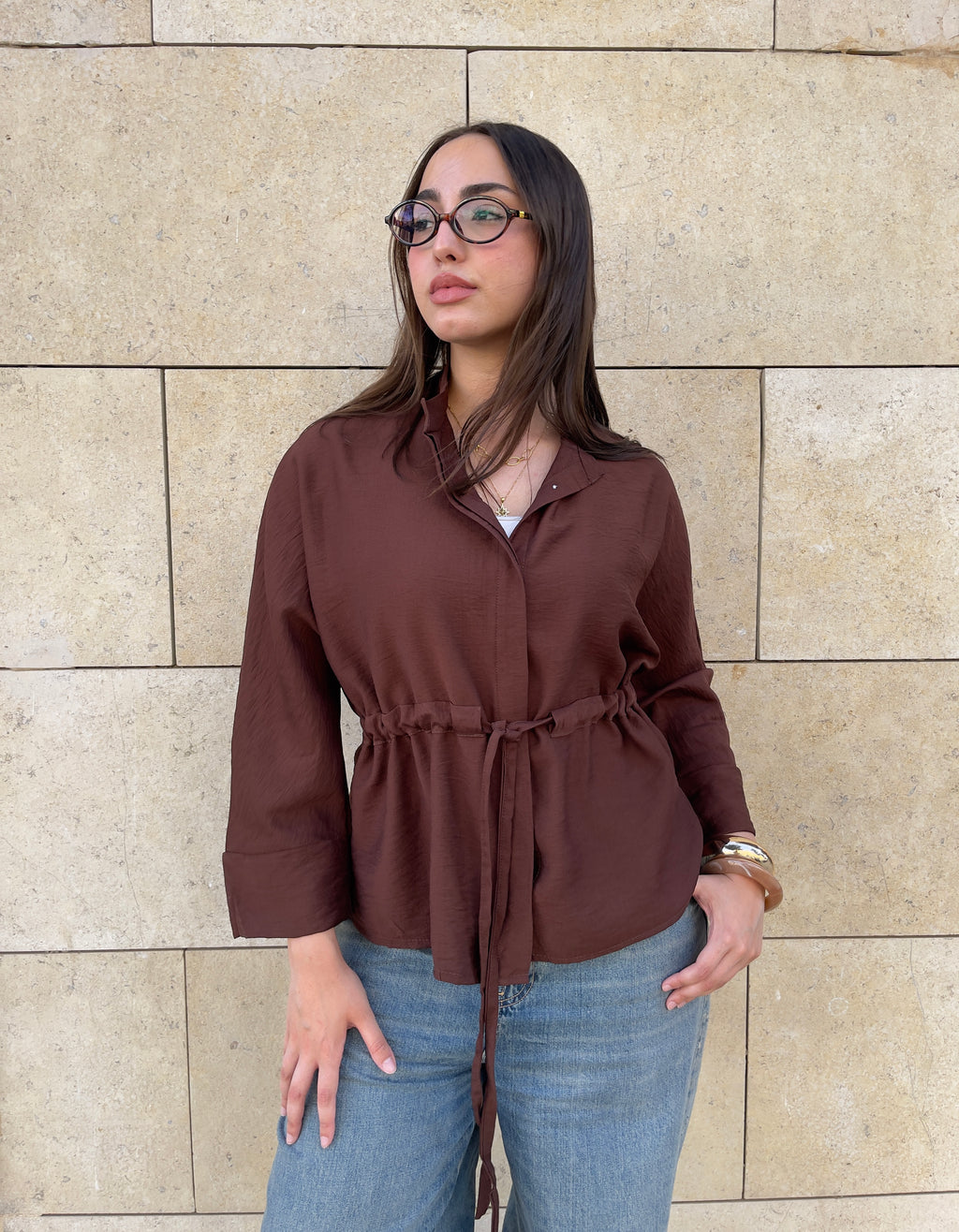 Ruched Waist Blouse - Brown