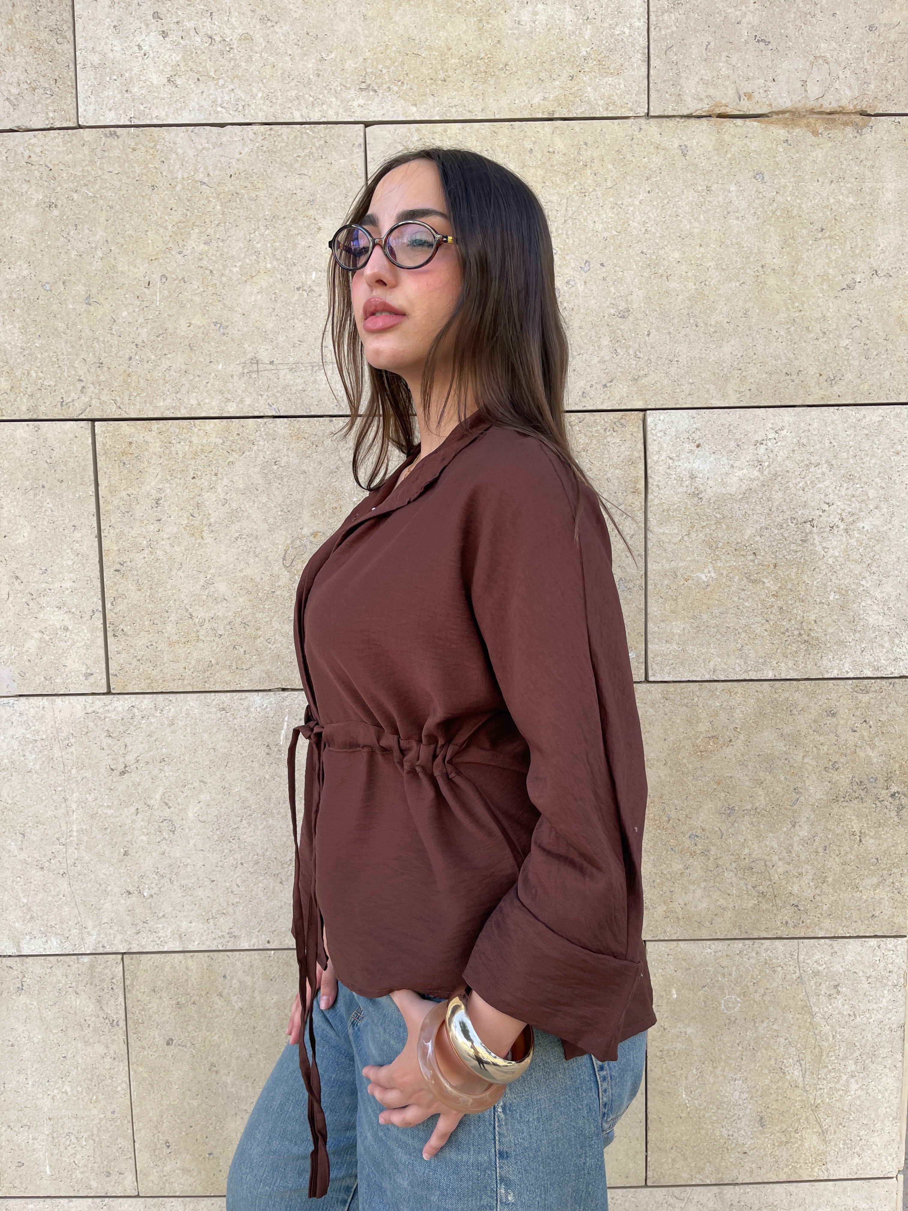 Ruched Waist Blouse - Brown