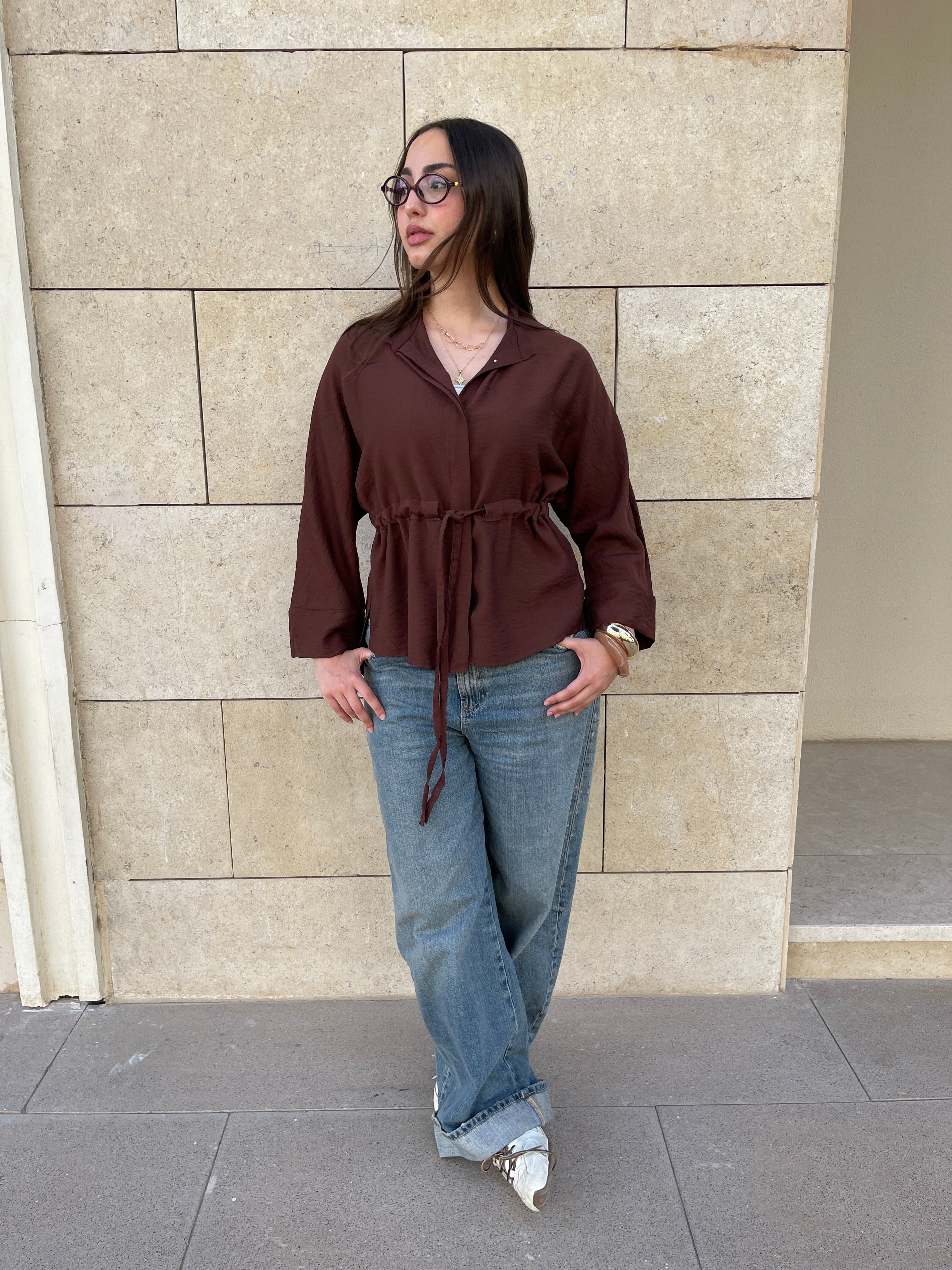 Ruched Waist Blouse - Brown