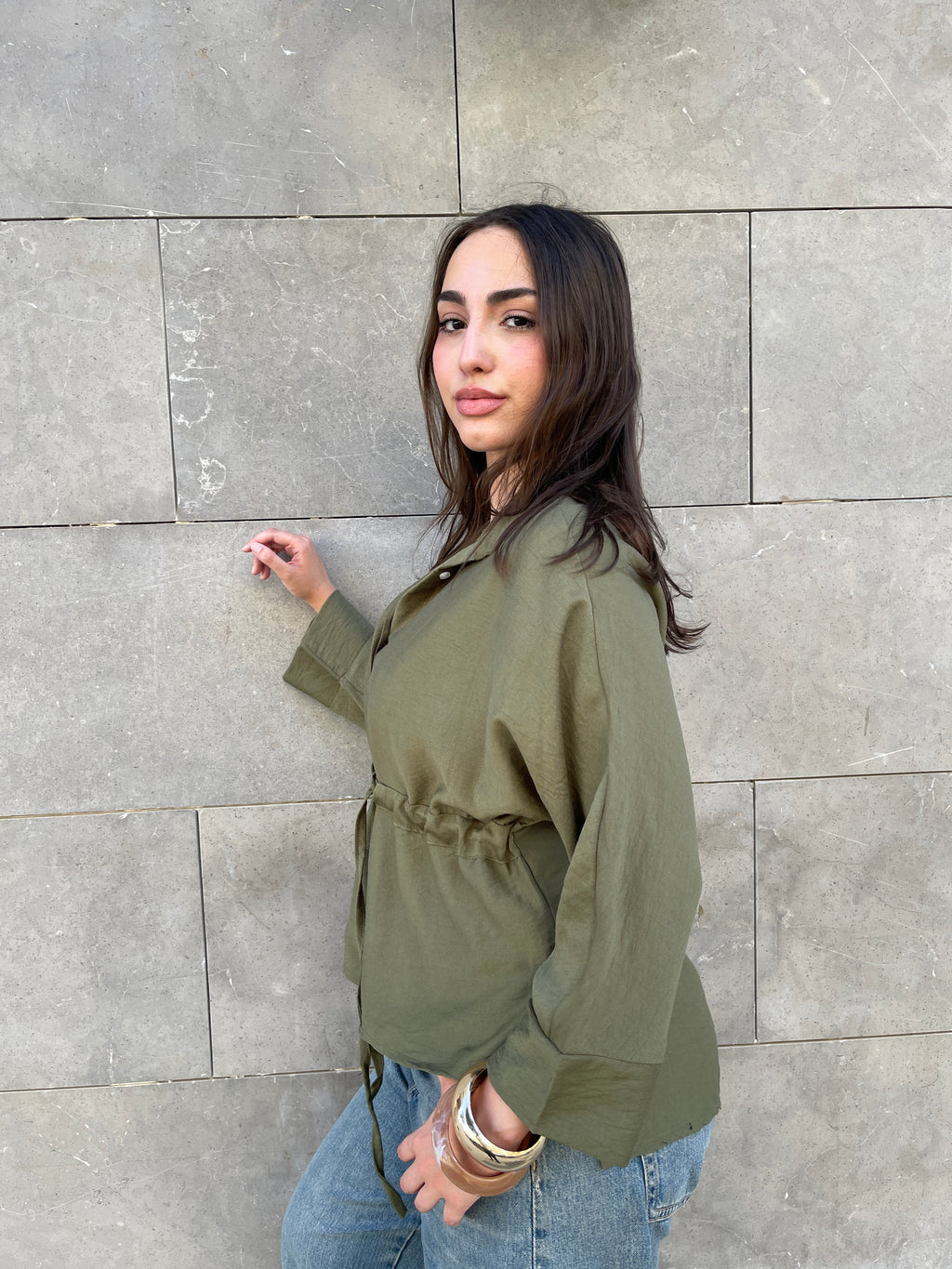 Ruched Waist Blouse - Olive